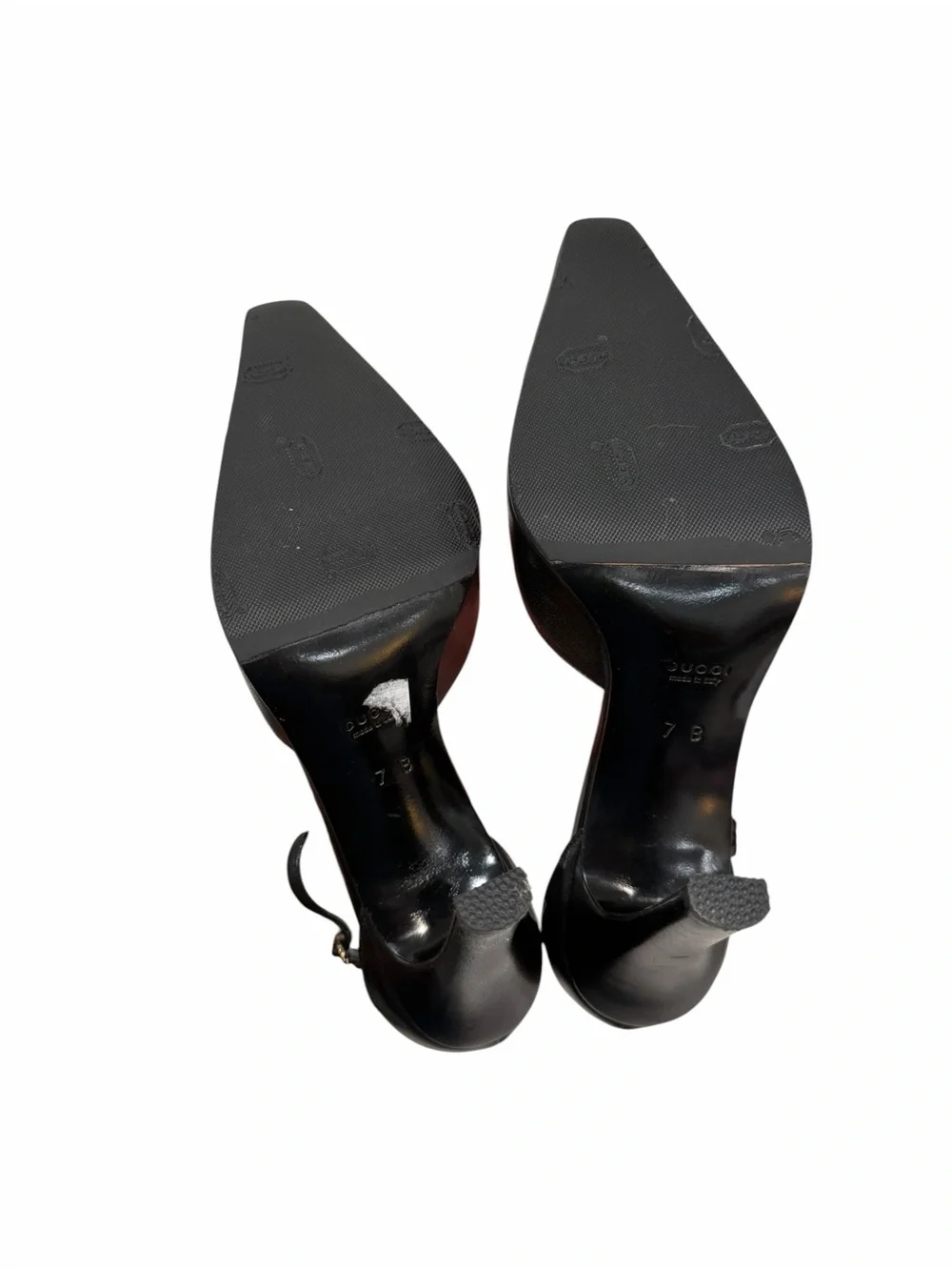 Gucci Black Leather T-Strap Pumps White Trim GG Charm Heels